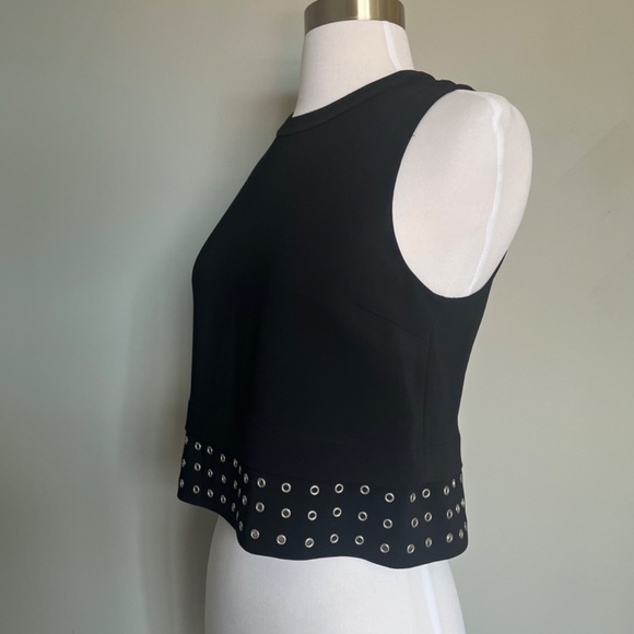 A.L.C. Black Crepe Henson Eyelets Sleeveless Cocktail Studded Crop Top Blouse 2 - Picture 6 of 13